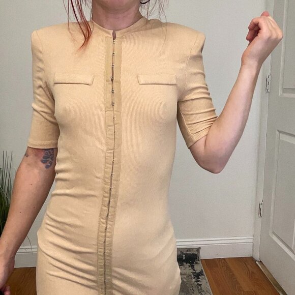 Avec Les Filles Hook & Eye Ribbed Bodycon Dress Short Sleeve Size S Tan - Picture 3 of 4